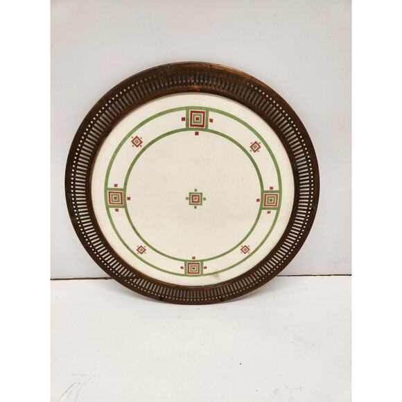Antique German Secessionist Platter Rimmed Round Porcelain Tray Copper Trim Deco - Picture 1 of 3
